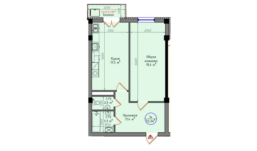 1-комнатная квартира 55.2 м²  4/12 этаж | Жилой комплекс Zamin Jizzax