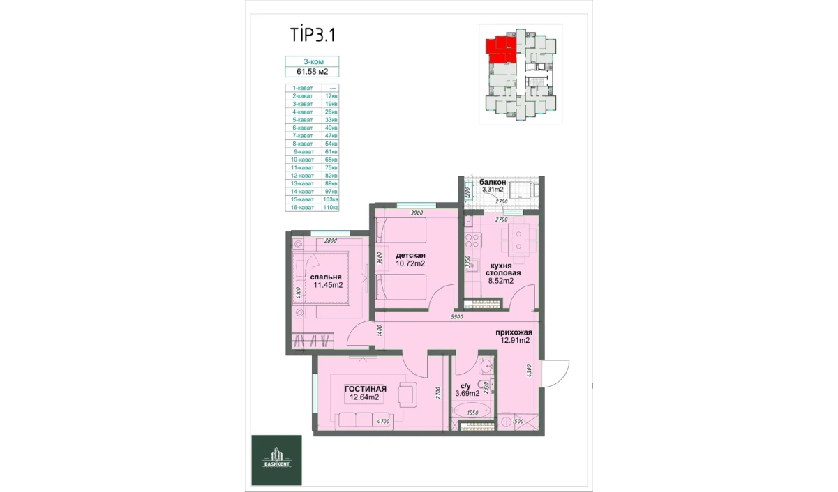 3-комнатная квартира 61.58 м²  2/16 этаж | Жилой комплекс BASHKENT