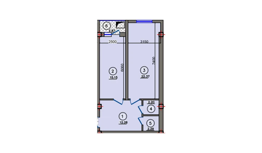 2-xonali xonadon 57.14 m²  3/10 qavat | Qibray City Turar-joy majmuasi