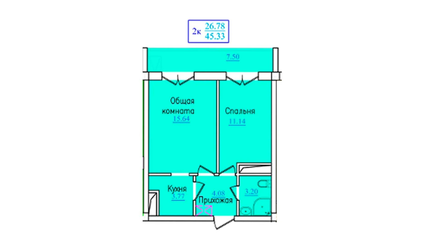 2-xonali xonadon 45.33 m²  7/9 qavat | PROVANS Turar-joy majmuasi