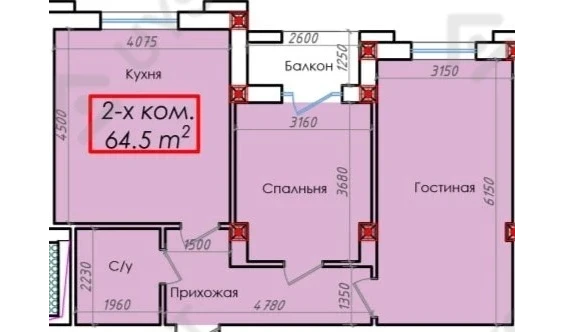 2-комнатная квартира 64.5 м²  1/16 этаж | Жилой комплекс Bodomzor