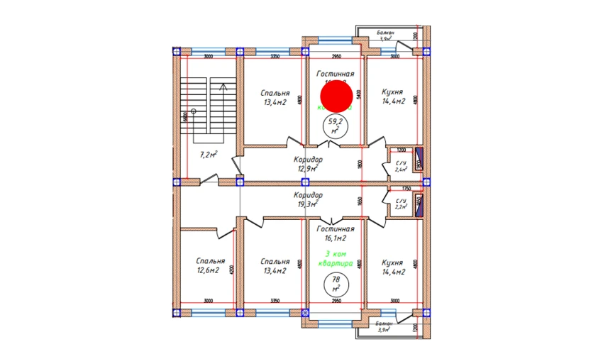 2-комнатная квартира 59.2 м²  2/5 этаж | Жилой комплекс Oq mahalla