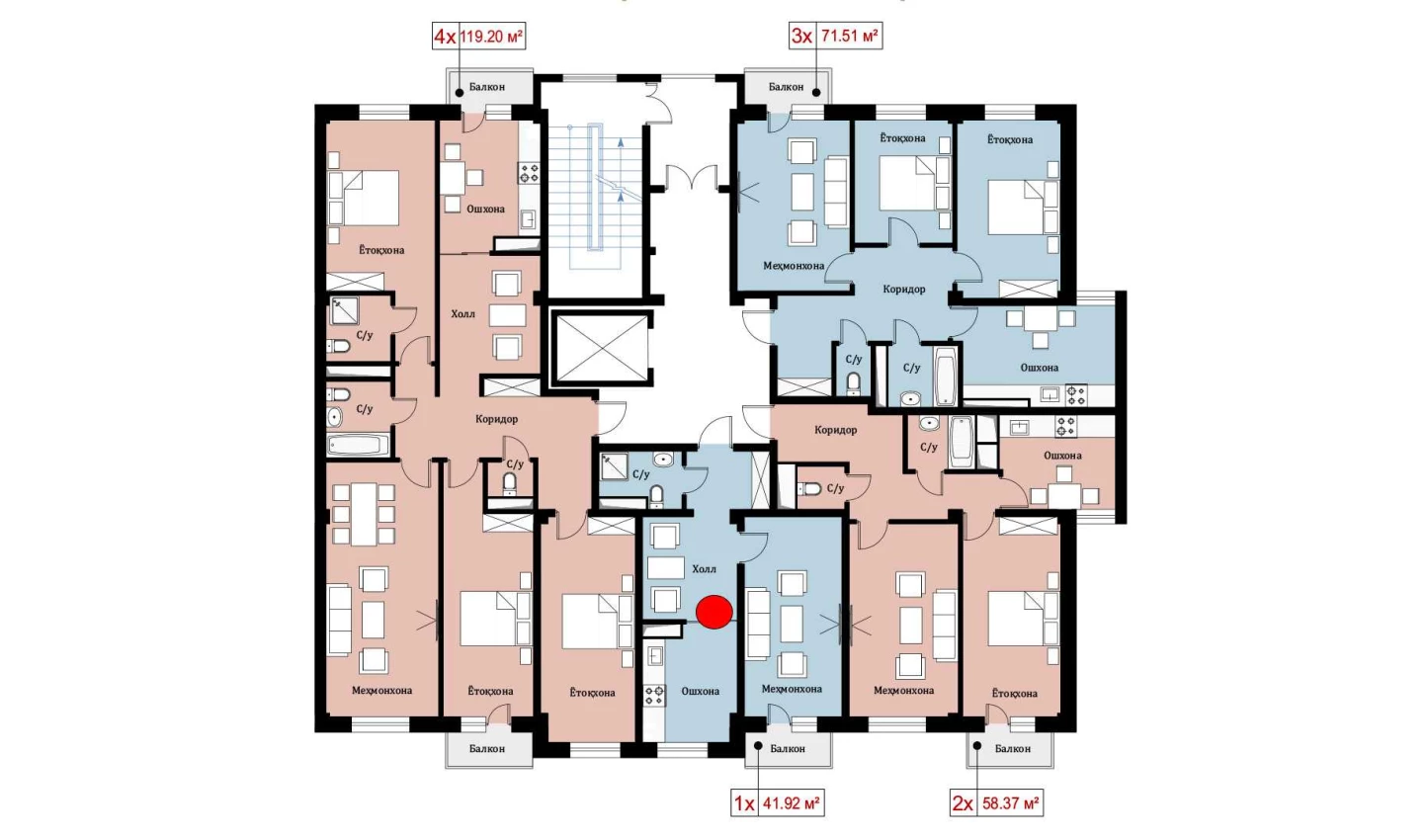 1-xonali xonadon 41.92 m²  7/10 qavat | Ko'kcha-Oqtepa Turar-joy majmuasi
