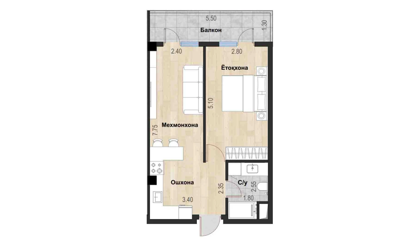 2-комн. квартира 46.7 м²  6/7 этаж | Жилой комплекс Bochka Resort