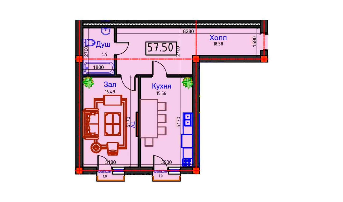 1-комн. квартира 57.5 м²  6/9 этаж | Жилой комплекс BAHOR