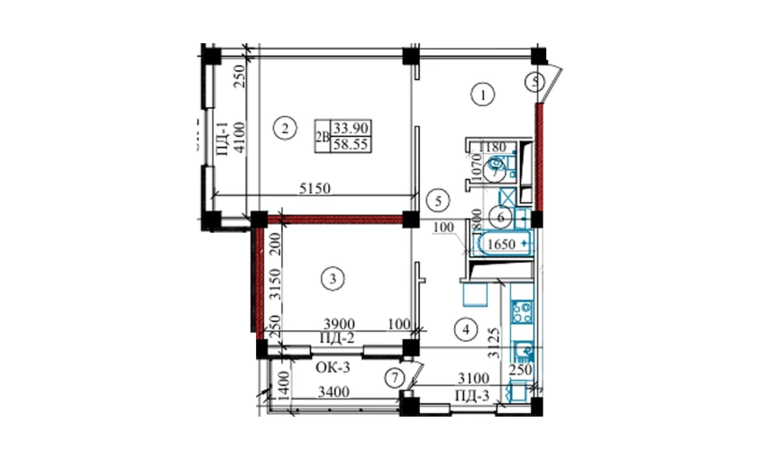 2-комнатная квартира 58.55 м²  3/9 этаж | Жилой комплекс Yangi O'zbekiston