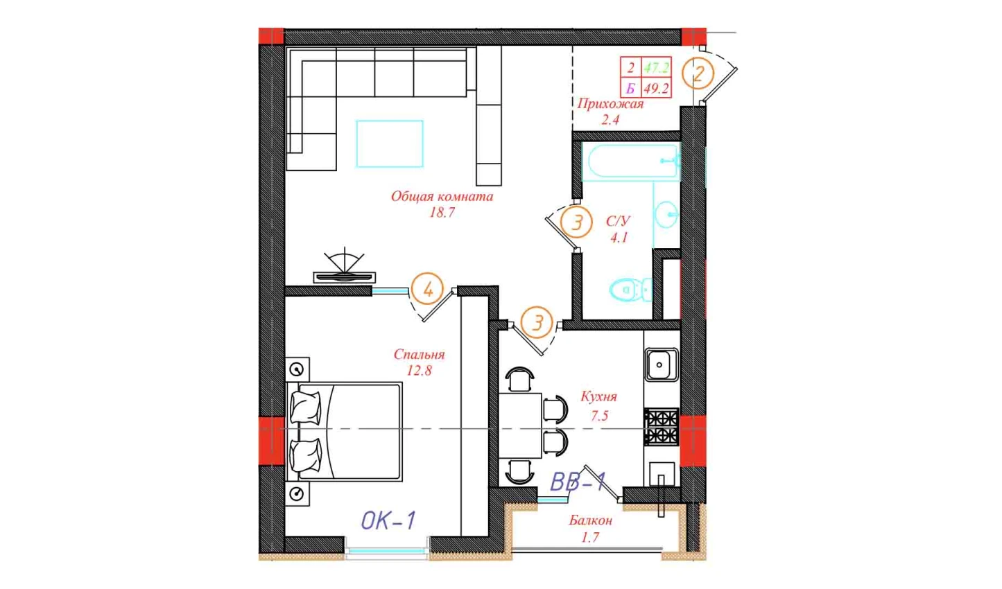 2-xonali xonadon 49.2 m²  6/12 qavat | CHINARA PARK Turar-joy majmuasi