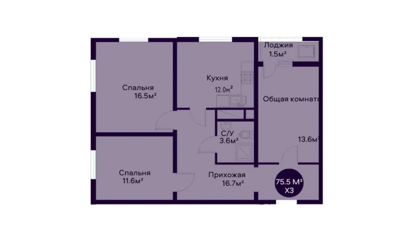 3-комнатная квартира 75.5 м²  2/9 этаж | Жилой комплекс YAQINLAR