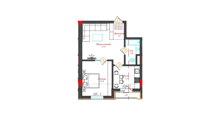 2-xonali xonadon 47.5 m²  3/12 qavat | CHINARA PARK Turar-joy majmuasi