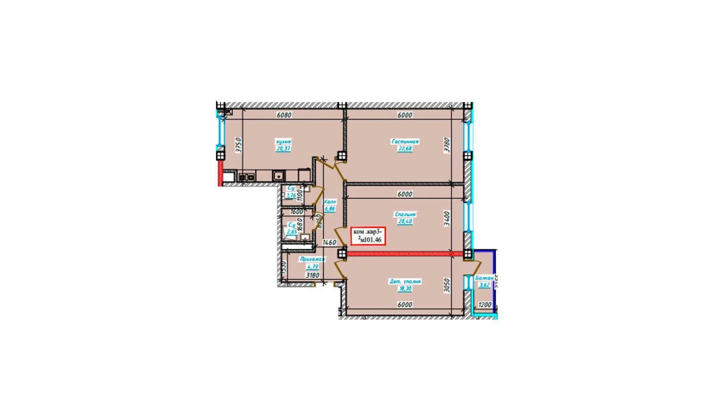 3-xonali xonadon 101.46 m²  6/9 qavat | Aero Town Turar-joy majmuasi