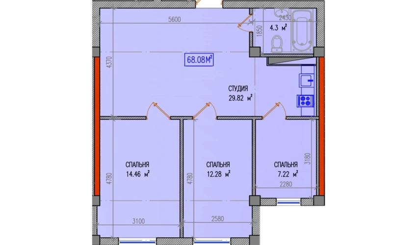 3-комнатная квартира 68.08 м²  4/9 этаж | Жилой комплекс Yuksalish Nurafshon