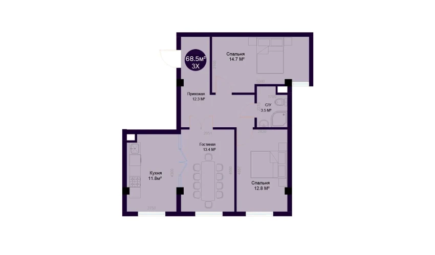 3-xonali xonadon 68.5 m²  1/7 qavat | Minor Turar-joy majmuasi