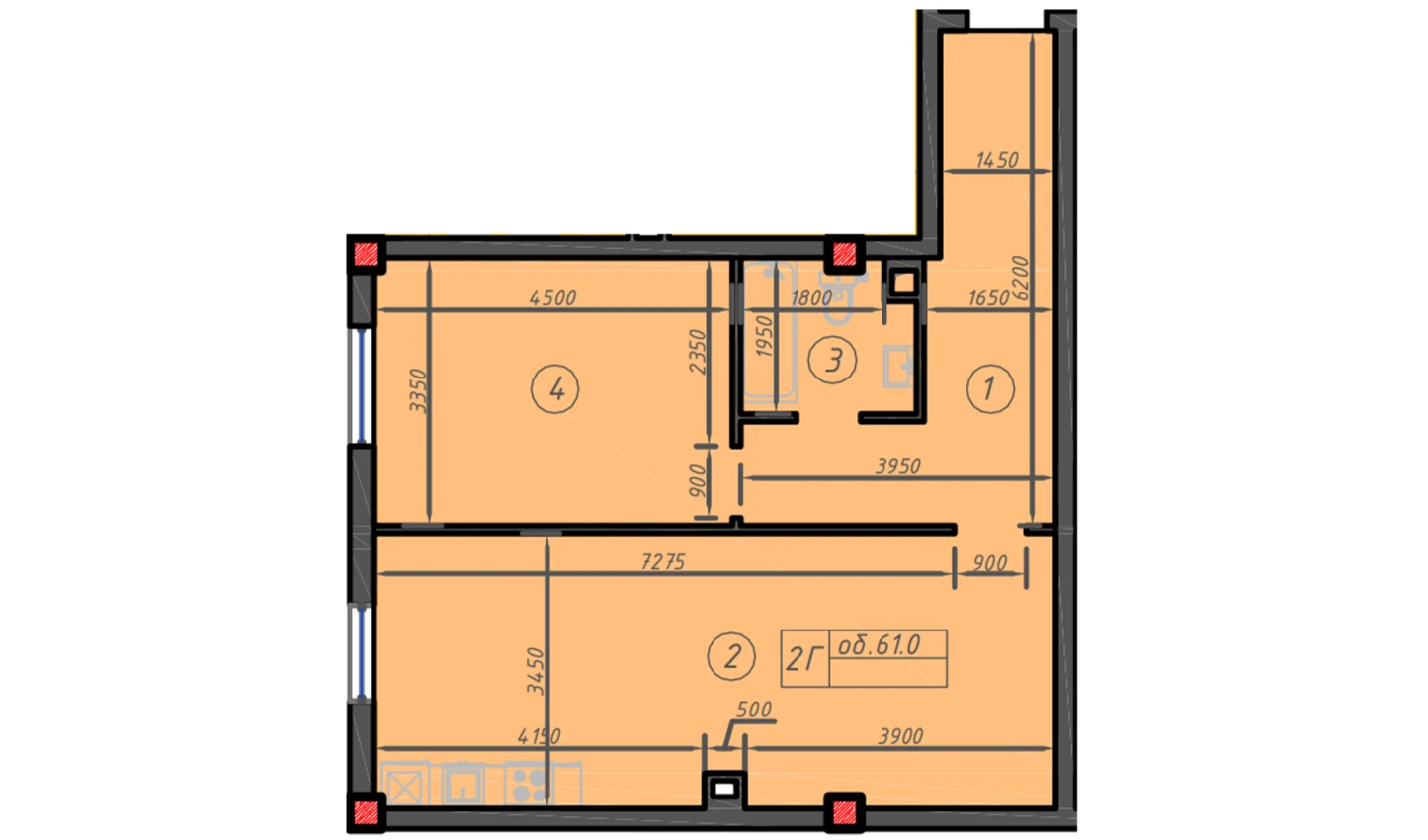 1-xonali xonadon 61 m²  1/12 qavat | Sokin hayot Turar-joy majmuasi