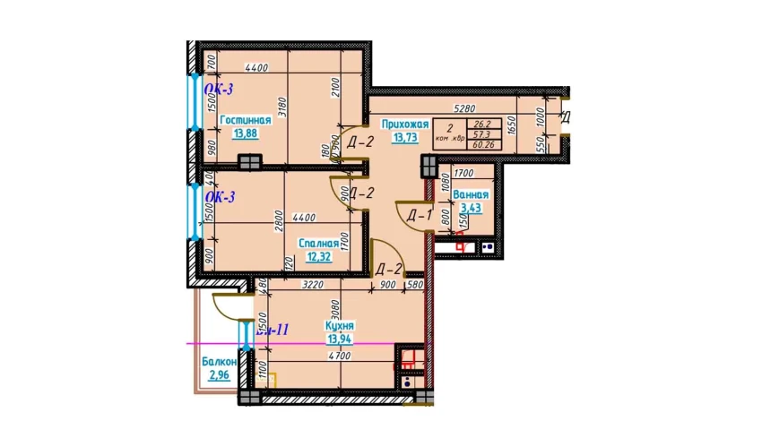 2-комнатная квартира 60.3 м²  2/13 этаж | Жилой комплекс Bog'dod City