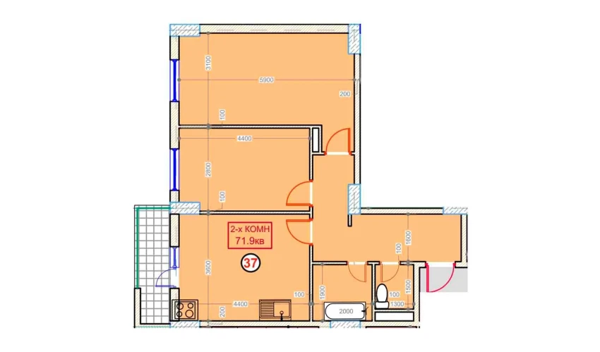 2-комнатная квартира 71.9 м²  9/9 этаж | Жилой комплекс XUMO