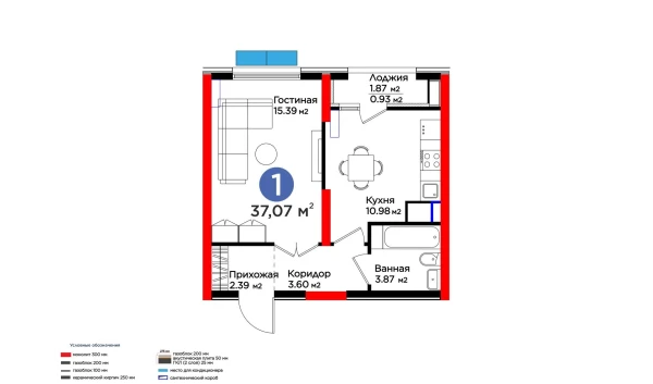 1-xonali xonadon 37.07 m²  6/16 qavat | Botanika Saroyi Turar-joy majmuasi