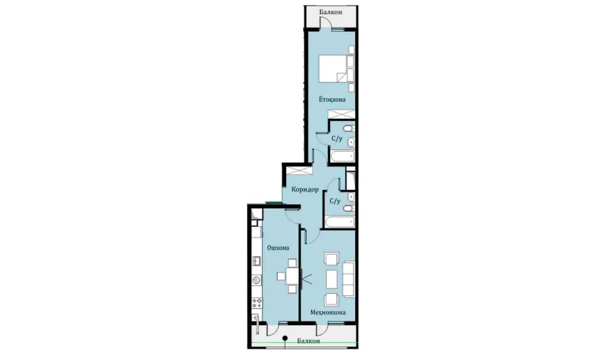 2-xonali xonadon 63.99 m²  9/16 qavat | SOKIN DIYOR Turar-joy majmuasi