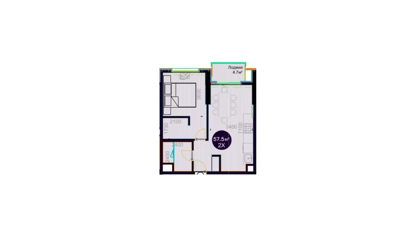2-комнатная квартира 57.5 м²  14/20 этаж | Жилой комплекс Central Avenue