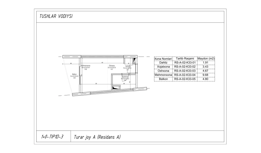 1-xonali xonadon 21.13 m²  3/7 qavat | TUSHLAR VODIYSI Turar-joy majmuasi