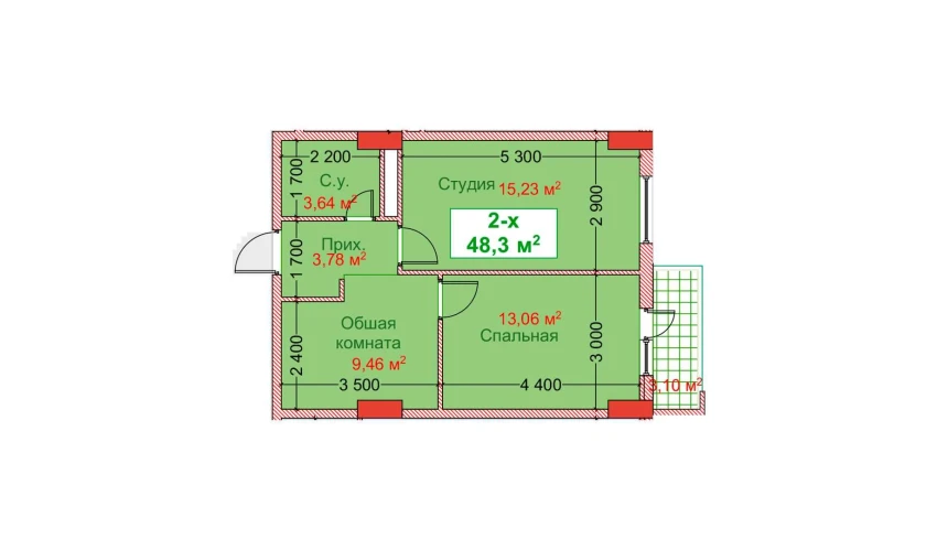 2-xonali xonadon 48.3 m²  8/8 qavat | CAPITAL AVENUE Turar-joy majmuasi