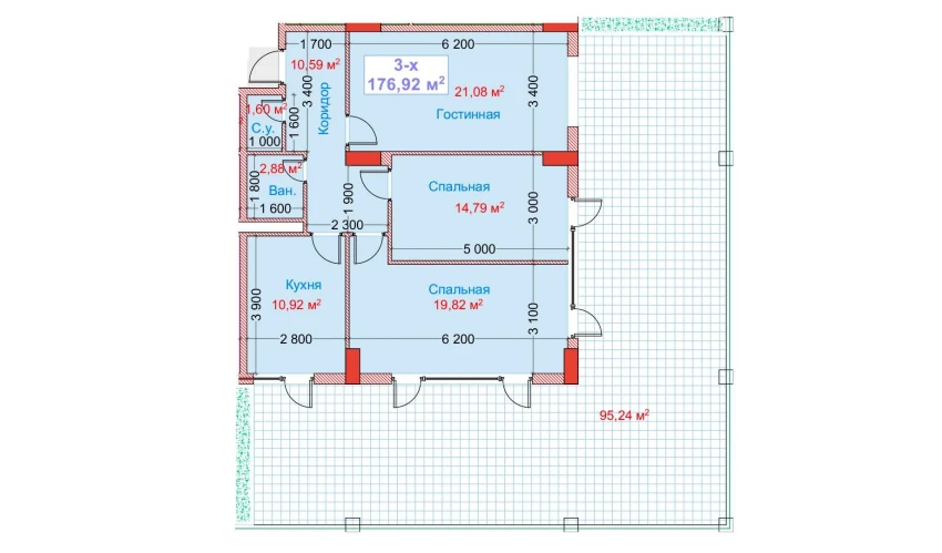 3-xonali xonadon 176.92 m²  2/8 qavat | CAPITAL AVENUE Turar-joy majmuasi