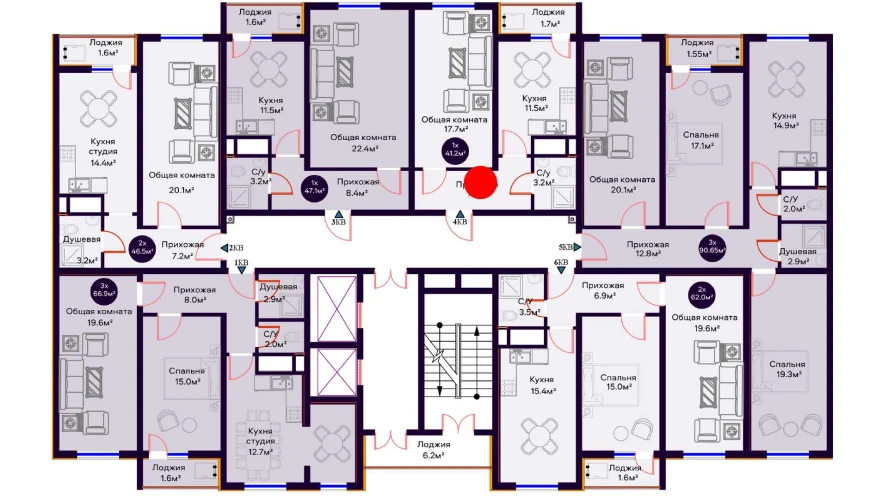 1-xonali xonadon 41.2 m²  8/16 qavat | Crystal Avenue Turar-joy majmuasi