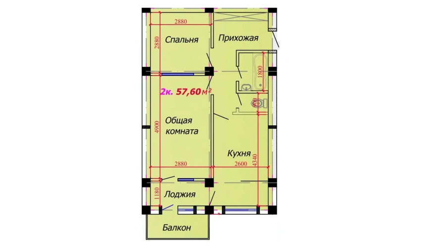 2-xonali xonadon 57.6 m²  7/9 qavat | VATAN Turar-joy majmuasi