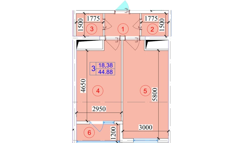 1-xonali xonadon 44.88 m²  3/16 qavat | ELITE ECO CITY Turar-joy majmuasi