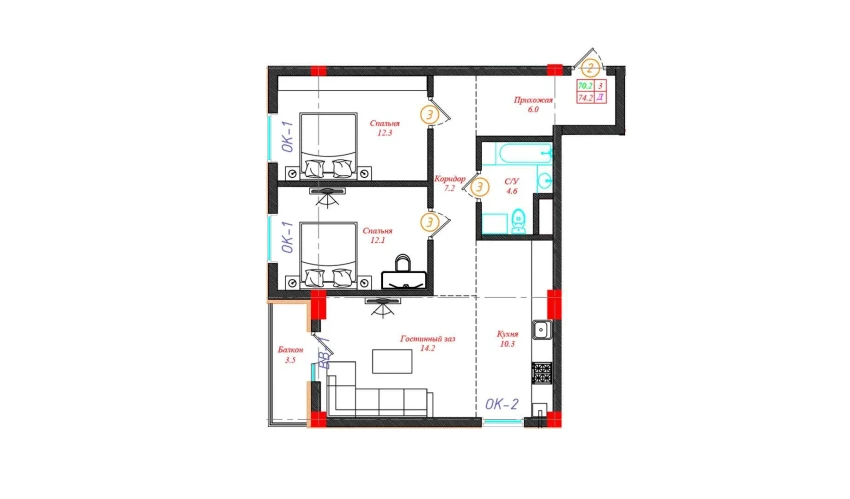 3-xonali xonadon 74.2 m²  4/12 qavat | CHINARA PARK Turar-joy majmuasi