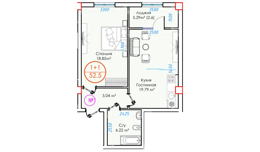 1-комнатная квартира 52.5 м²  7/16 этаж | Жилой комплекс ALFA CITY