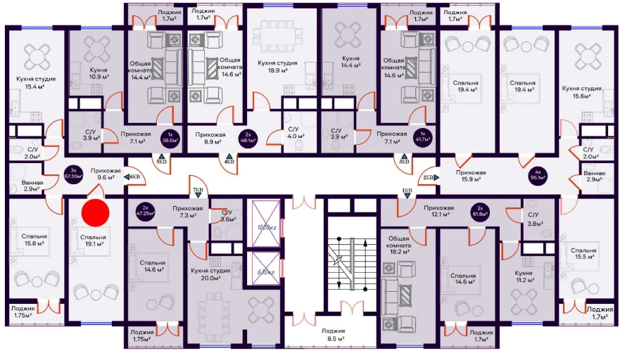 3-xonali xonadon 67.55 m²  3/16 qavat | Crystal Avenue Turar-joy majmuasi