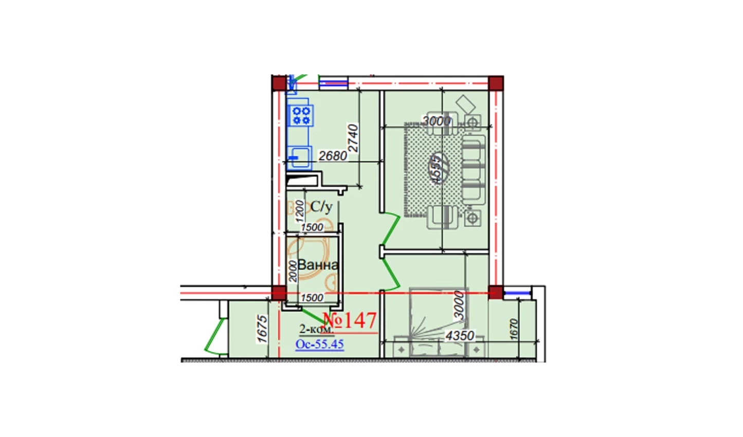 2-xonali xonadon 55.45 m²  4/9 qavat | ZAR ZAMONAVIY UYLAR Turar-joy majmuasi