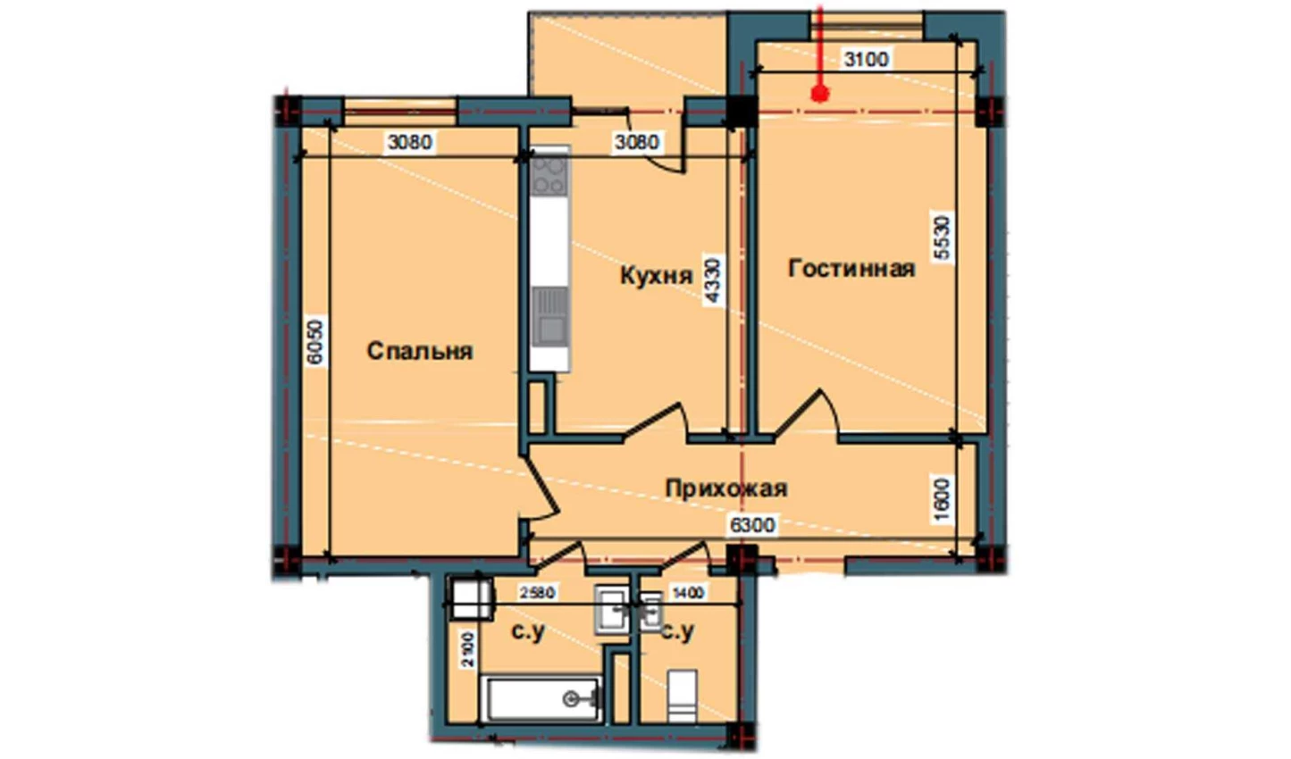 2-комн. квартира 75 м²  10/11 этаж | Жилой комплекс NUR BARAKA