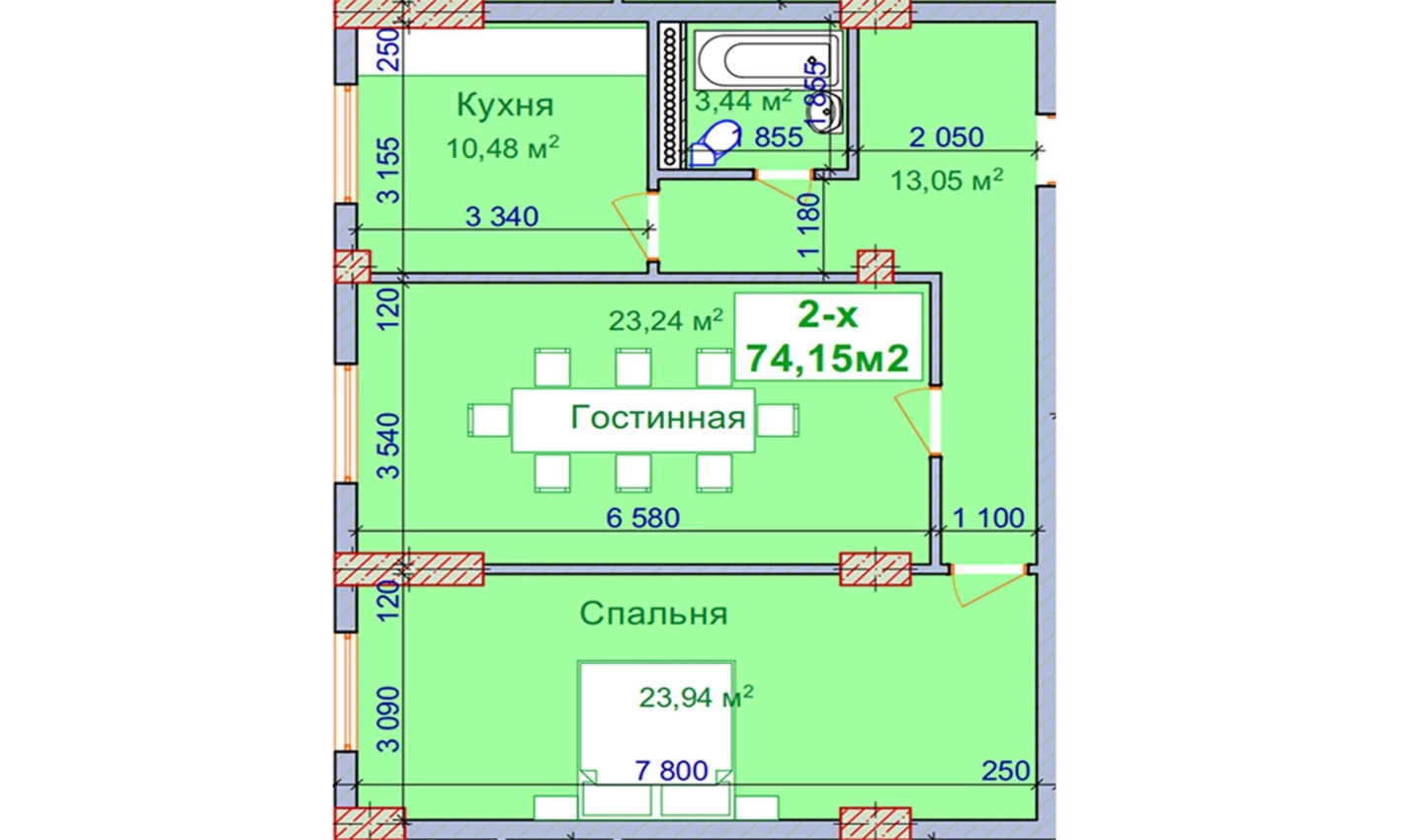 2-комн. квартира 74.15 м²  1/9 этаж | Жилой комплекс SHAYX-UL OLAM