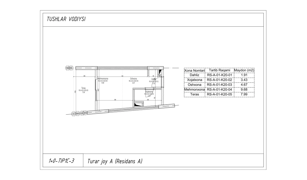 1-xonali xonadon 22.09 m²  1/7 qavat | TUSHLAR VODIYSI Turar-joy majmuasi