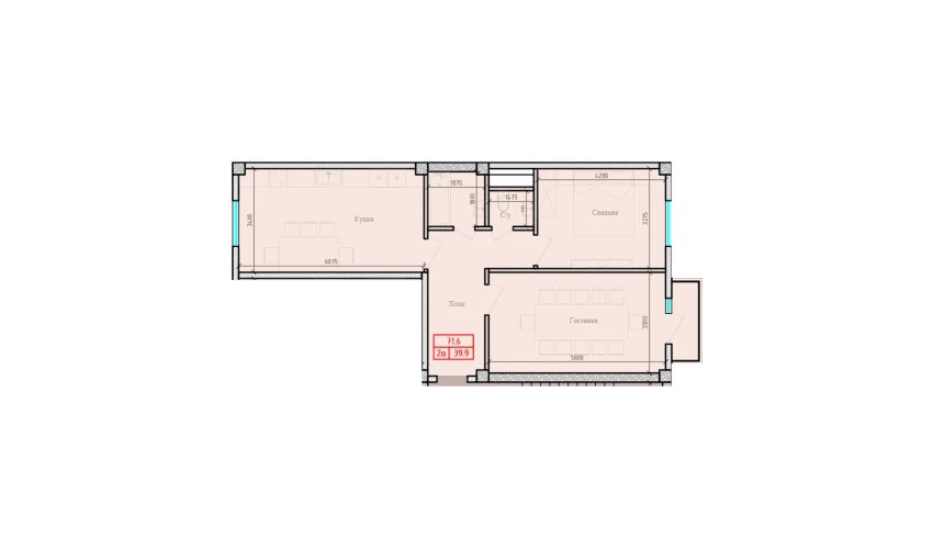 2-комнатная квартира 71.6 м²  6/7 этаж | Жилой комплекс Gulbadanbegim