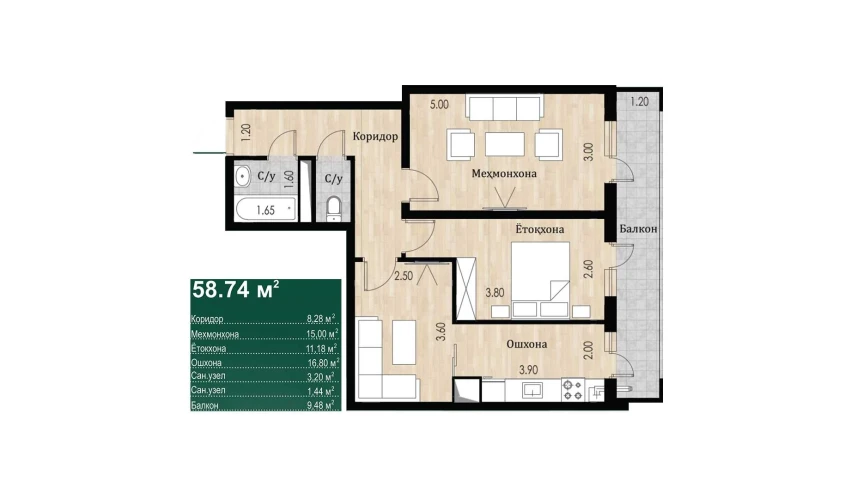 2-xonali xonadon 58.74 m²  11/16 qavat | SOKIN DIYOR Turar-joy majmuasi