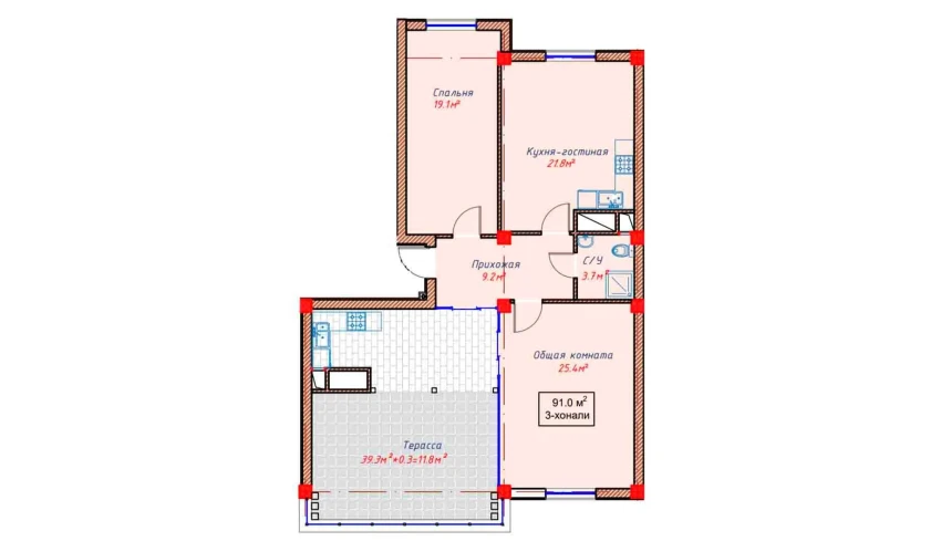 2-комнатная квартира 91 м²  10/10 этаж | Жилой комплекс Orzular