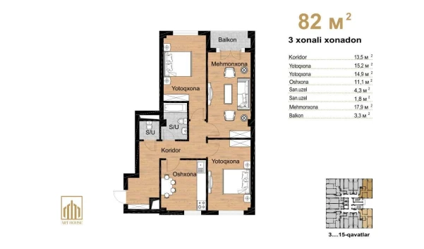 3-xonali xonadon 82 m²  12/16 qavat | Musaffo Turar-joy majmuasi