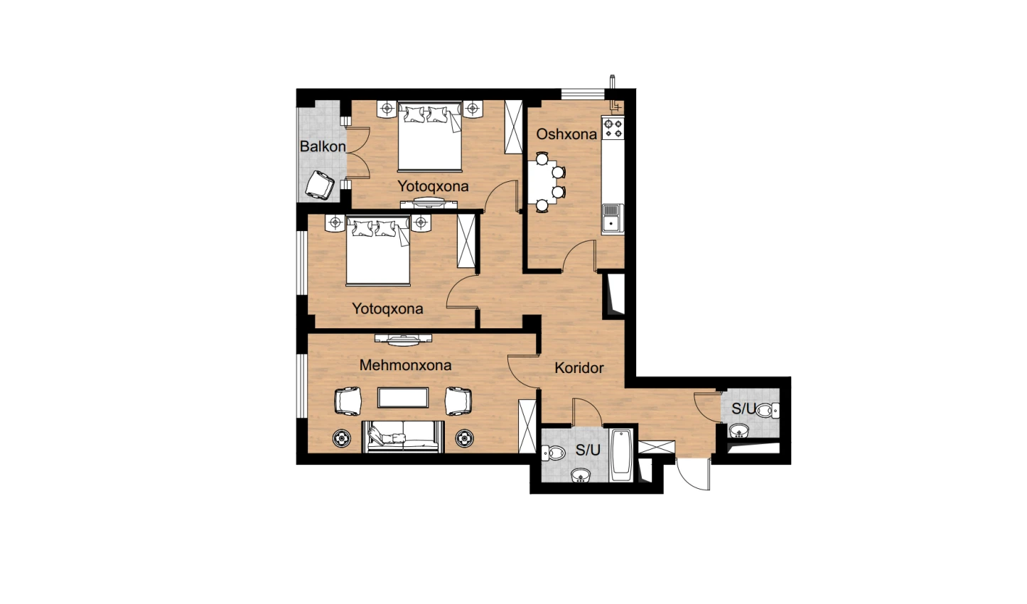 3-xonali xonadon 87.8 m²  4/16 qavat | Musaffo Turar-joy majmuasi