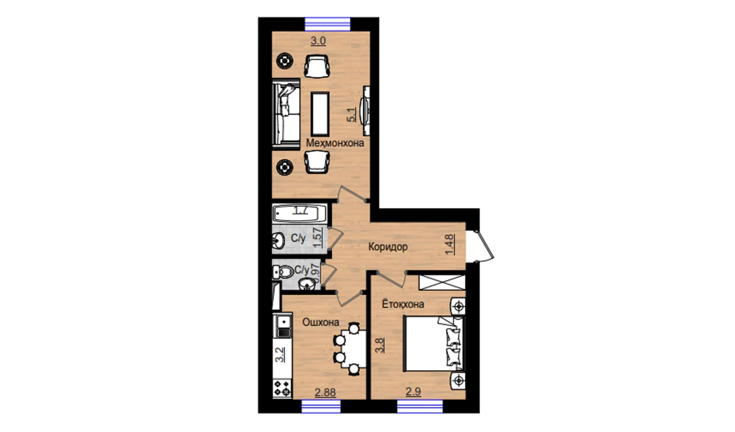 2-комн. квартира 52.82 м²  1/5 этаж | Жилой комплекс QIZILTEPA