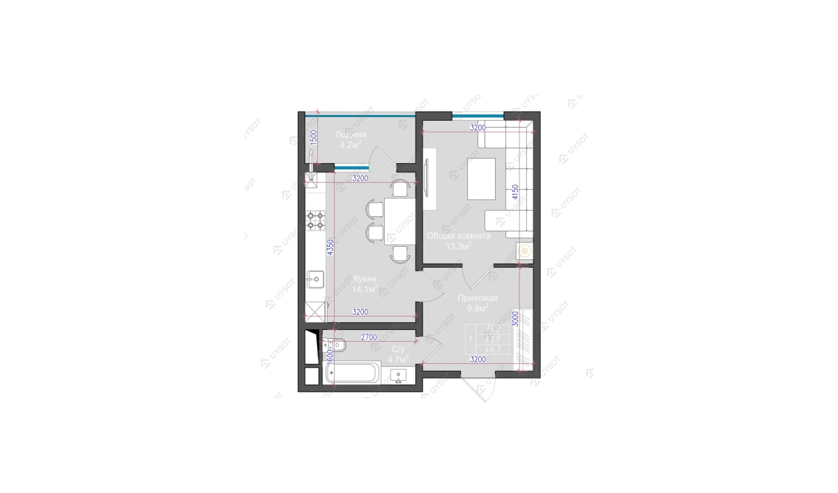 1-комнатная квартира 46.1 м²  2/9 этаж | Жилой комплекс NUR HAYAT