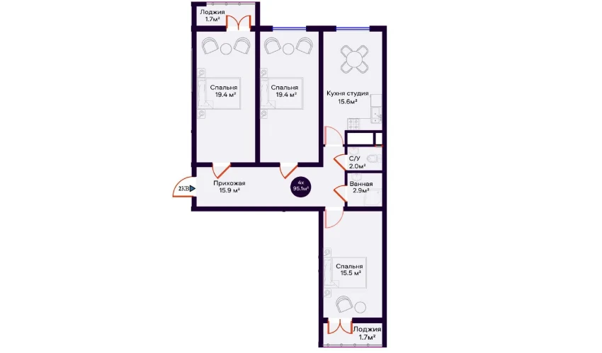 4-xonali xonadon 95.1 m²  13/16 qavat | Crystal Avenue Turar-joy majmuasi