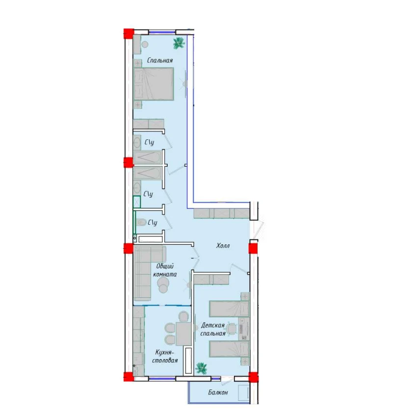 3-комн. квартира 76.7 м²  3/12 этаж | Жилой комплекс SERGELI CITY