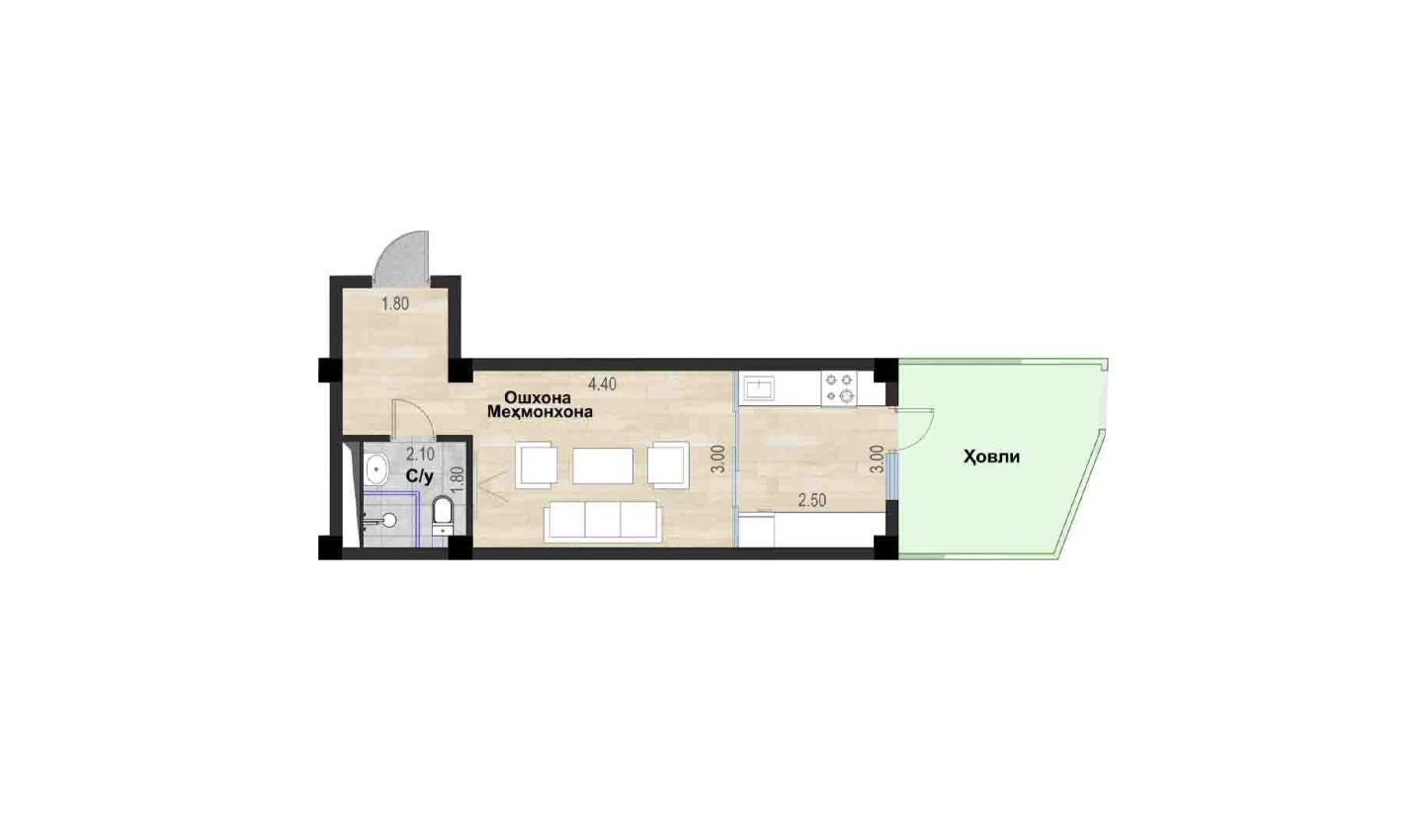 1-xonali xonadon 29.5 m²  1/7 qavat | Bochka Resort Turar-joy majmuasi