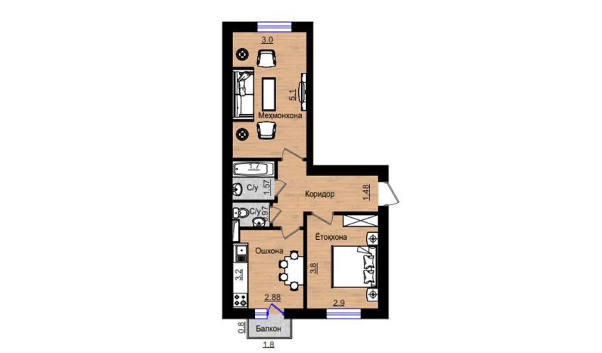2-xonali xonadon 57.26 m²  4/5 qavat | QIZILTEPA Turar-joy majmuasi
