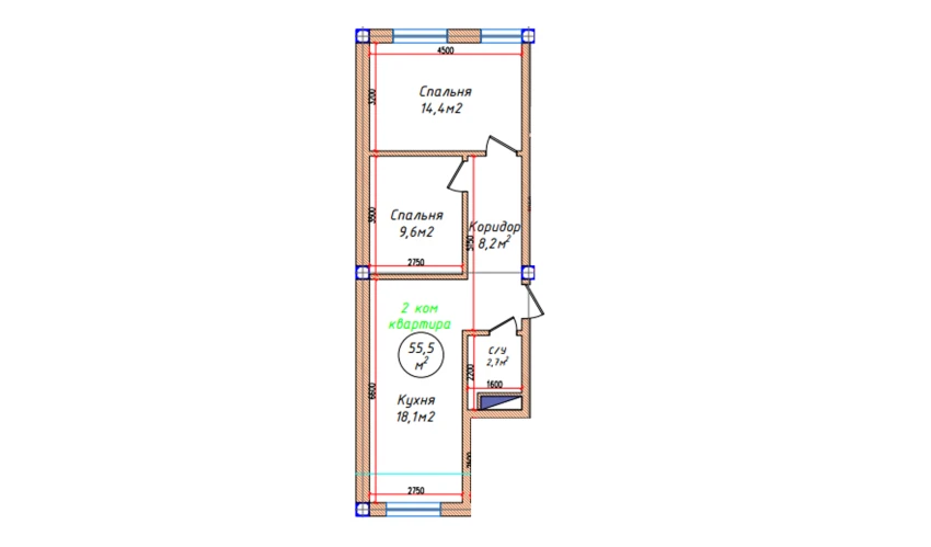 2-комнатная квартира 55.5 м²  5/5 этаж | Жилой комплекс Oq mahalla