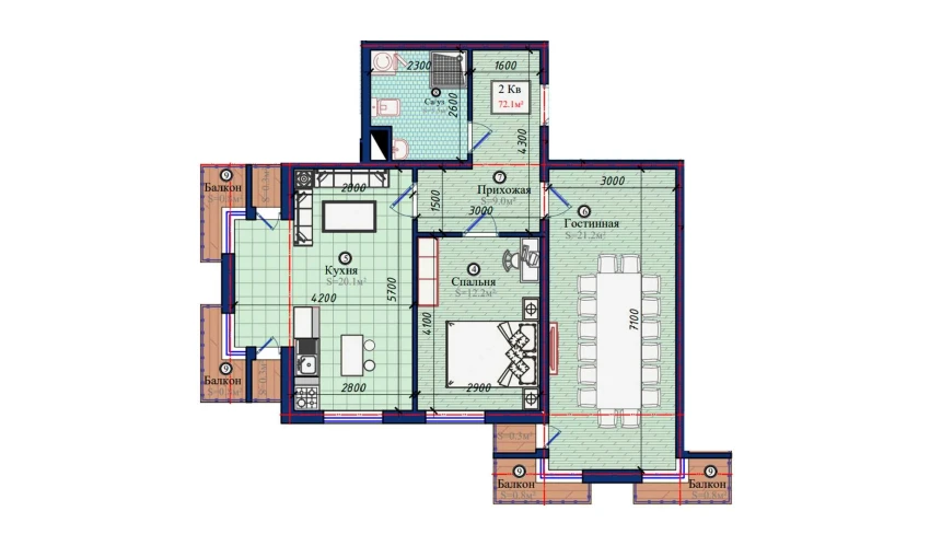 2-комнатная квартира 72.1 м²  8/10 этаж | Жилой комплекс NURAFSHON