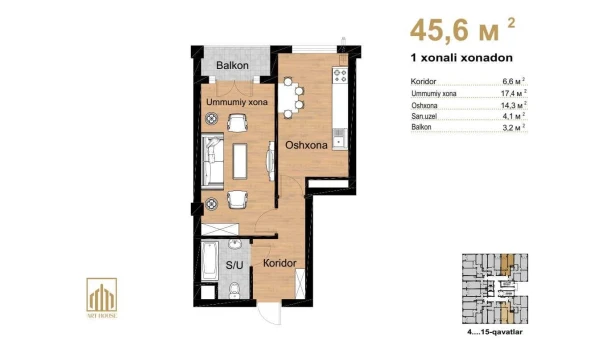 1-комнатная квартира 45.6 м²  13/16 этаж | Жилой комплекс Musaffo