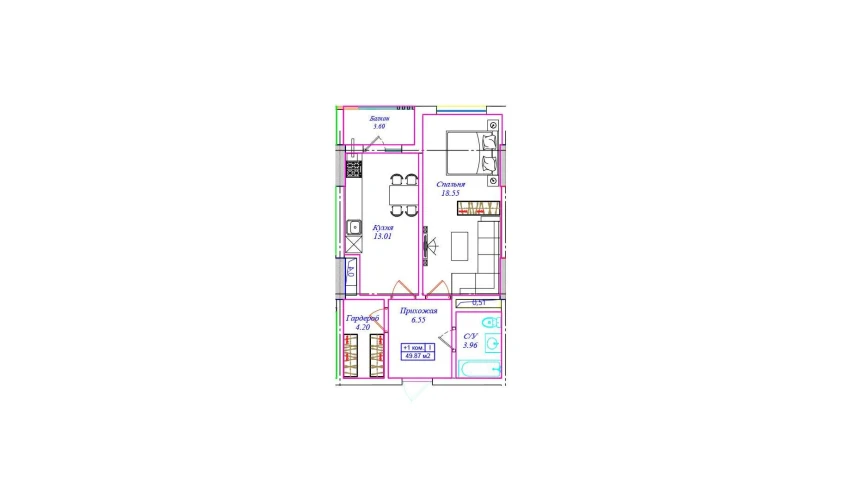 1-комнатная квартира 49.87 м²  15/17 этаж | Жилой комплекс ASTRA